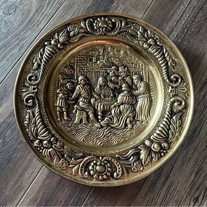 Vintage Pilgrim brass embossed hanging plate decor Made in England
